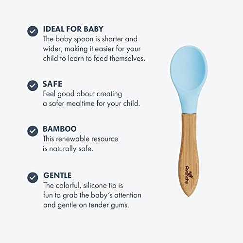 Five pack assortment of Avanchy bamboo baby spoons displayed on a clean background.