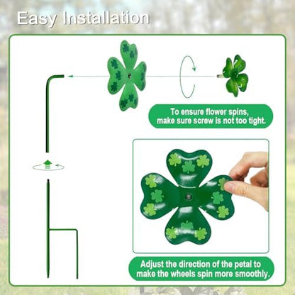 Side profile view of shamrock metal garden spinner