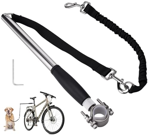 Heavy duty stainless steel bicycle dog leash attachment with black handle.