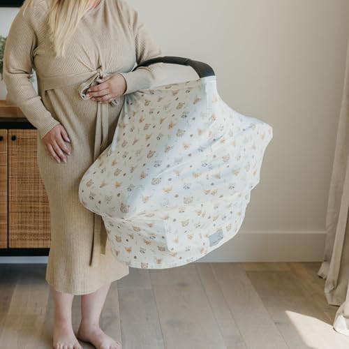 Parent wearing Copper Pearl Wilder cover as a fashionable infinity scarf
