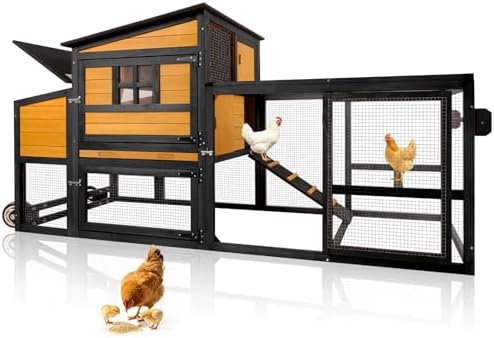 Portable Chicken Coop Poultry Cage with Wheels, Wooden Chicken Coop for 4-8 Chickens, Nesting Box, Pull-Out Tray, Ventilated Windows, Asphalt Weatherproof Roof, 83.3" L x 31.1" W x 41.6" H, Yellow - Image 2