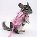 Pink polka dot small animal vest harness laid flat showing full measurements
