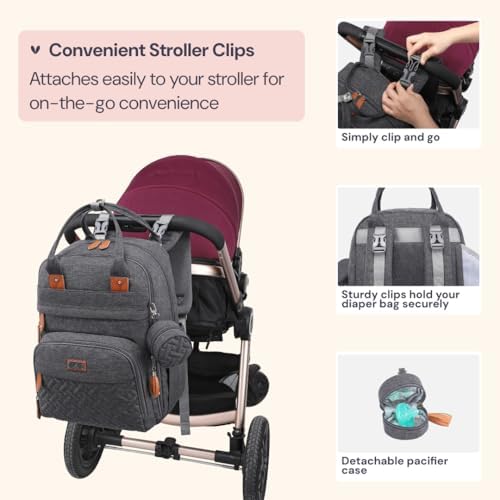 BabbleRoo dark gray diaper bag interior organization view filled with baby clothes and travel essentials.