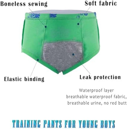Boboking toddler training pants 6 pack laid flat showcasing the assortment of construction truck patterns