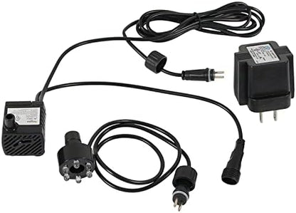 Compact twelve volt small fountain pump showing the adjustable flow control lever on the front panel