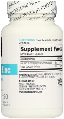 365 By Whole Foods Market Chelated Zinc Plus Copper 120 count bottle ingredients listing