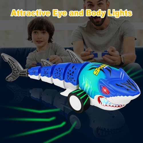 Blue remote control shark car with glowing red eyes and green gills