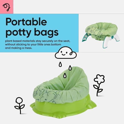 Toddler using portable potty with Green Elephant liner