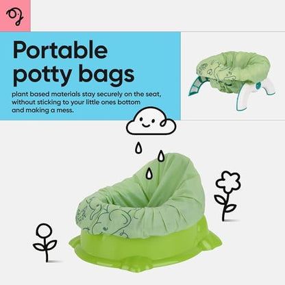 Toddler using portable potty with Green Elephant liner