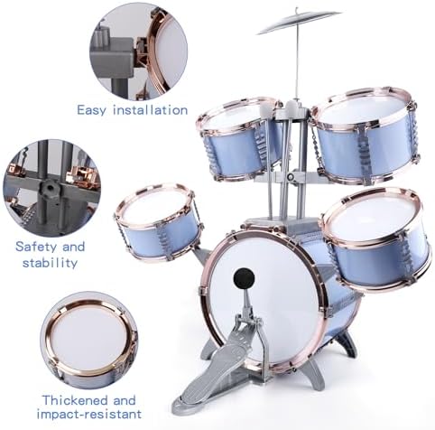 M SANMERSEN toddler drum kit fully assembled showing the bass drum and drumsticks
