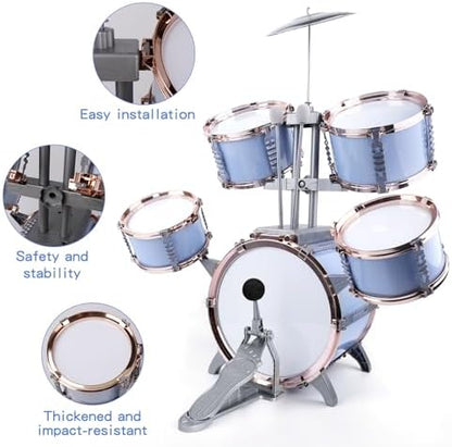 M SANMERSEN toddler drum kit fully assembled showing the bass drum and drumsticks