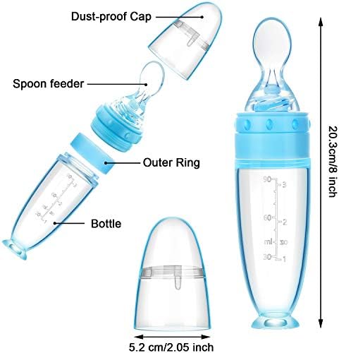 Two pieces of blue infant spoons standing upright on their bases.