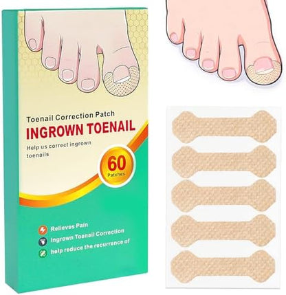 Close up of an adhesive toenail corrector patch being applied to a curved toe nail for alignment.