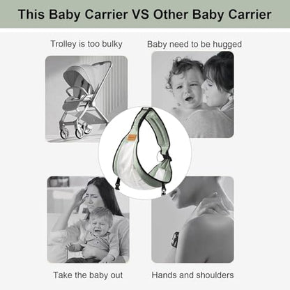 A caregiver using the Hewmaw hip seat carrier during an outdoor walk showing proper weight distribution.