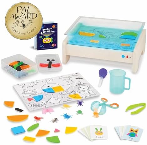 Toddler educational light table displaying colorful translucent geometric shapes and insect toys.