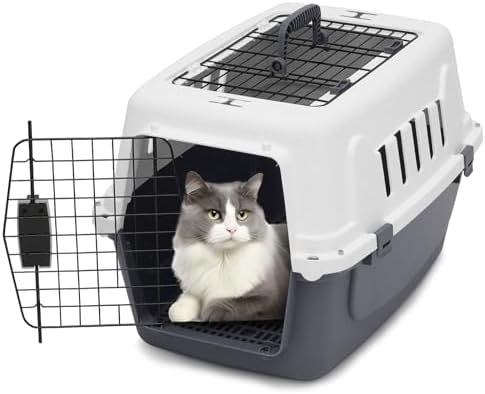 Miramingle two door travel crate top loading view showing gray plastic shell