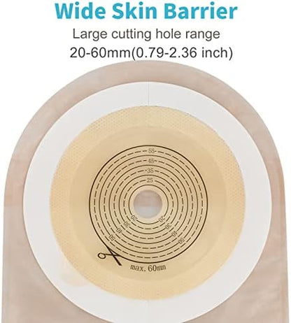 Konweda ostomy supplies showing the customizable cut to fit grid pattern from fifteen to sixty millimeters