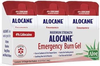 Alocane 4 percent lidocaine maximum strength burn relief packets for industrial first aid.