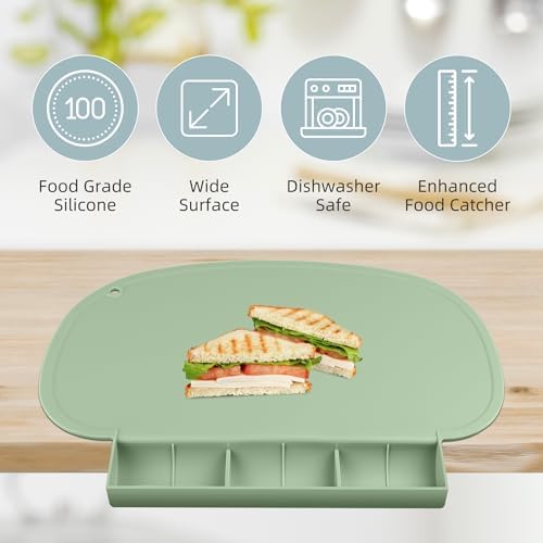 Sallurna silicone tablemat rolled up tightly to demonstrate compact travel portability for parents