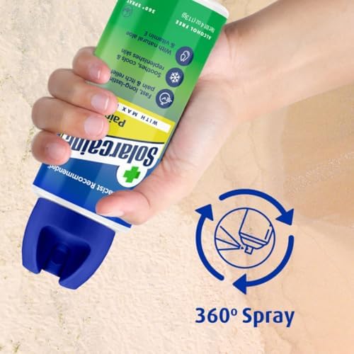 Solarcaine burn relief spray label showing active ingredients for first aid.