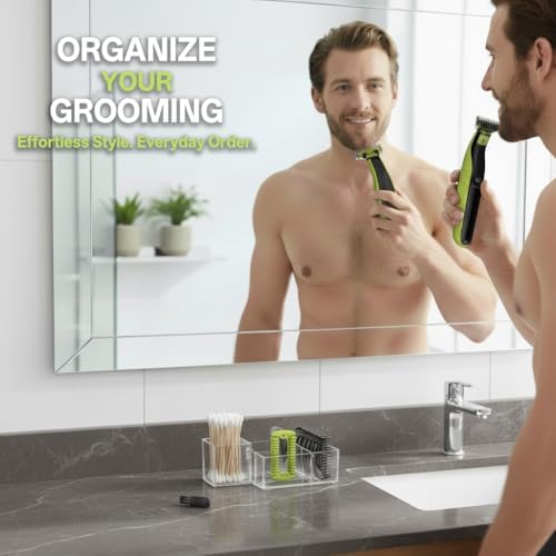 Premium clear acrylic organizer stand displaying the transparent storage layout for Philips OneBlade grooming accessories.