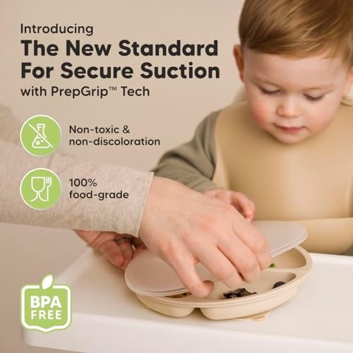 Three slate colored baby suction plates with lids stacked