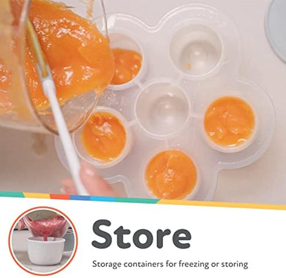 Close up of Nuby power base with short cup attachment for small baby food purees.