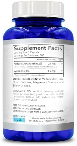Back label of Healing Awakening antioxidant capsules with clear vegan non GMO and gluten free certification marks.