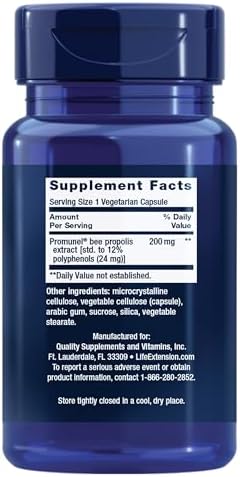 Life Extension bee propolis supplement label showing standardized Promunel extract details.