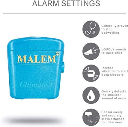 Compact Malem bedwetting alarm showing battery compartment and setting switches.