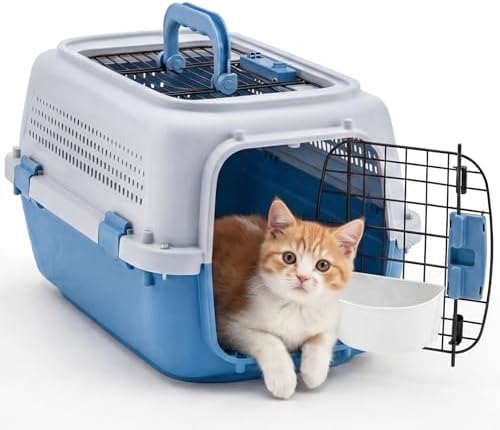 DUMOS 23" Hard-Sided Pet Carrier for Small Dogs & Cats, Airline Approved Travel Crate with Enhanced Security Latches, Front & Top Load Wire Door, Food Bowl for Traveling, Hiking, Camping, Grey&Blue - Image 2