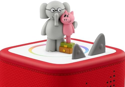 Authentic Tonies Mo Willems character toy standing on a red Toniebox audio player speaker