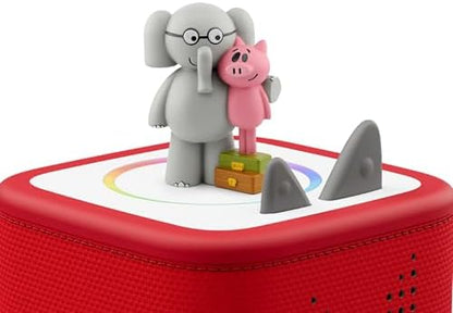 Authentic Tonies Mo Willems character toy standing on a red Toniebox audio player speaker