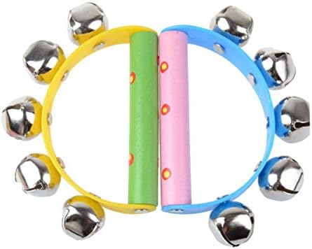 Close up of the metal jingle bells on the striped rainbow handheld toddler musical toy