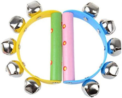 Close up of the metal jingle bells on the striped rainbow handheld toddler musical toy