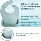 PandaEar waterproof baby feeding bib showing the wide open sturdy spill pocket