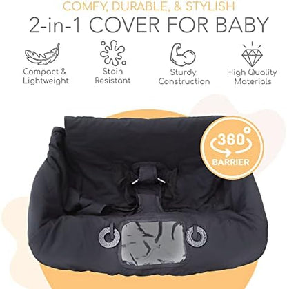 Binxy Baby universal fit protective cart cover attached securely to a supermarket grocery trolley