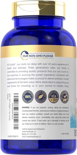 High potency purified fish oil softgels by Carlyle featuring non GMO dietary certifications.