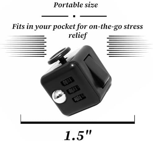 Close up view of the black sensory fidget cube showcasing the flip switch and silent button details.