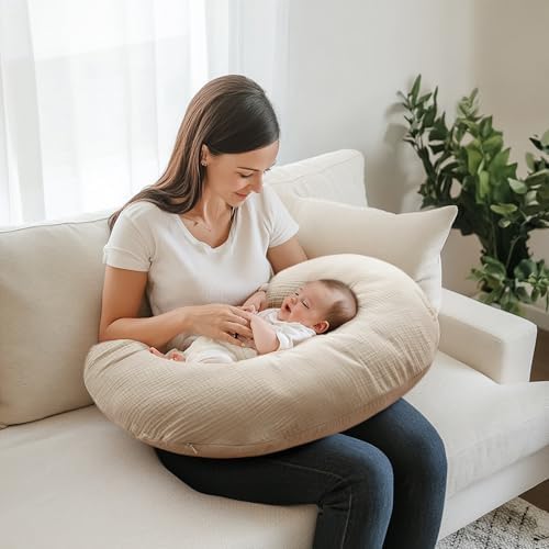 Two pack breastfeeding pillow covers in neutral nursery setting