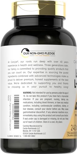 Close up of Carlyle quick release amino acid capsules container highlighting count and features.