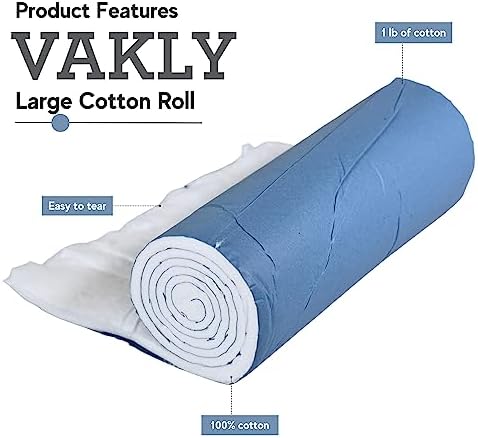 Vakly non sterile large white cotton roll unrolled showing texture and thickness