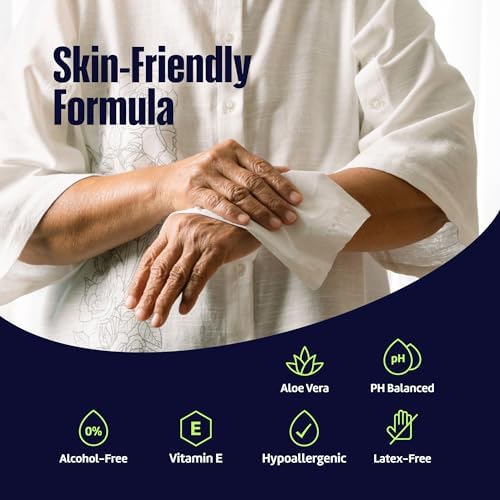 MedStar senior body cleansing wipes pack showing caregiver instructions and safety symbols.
