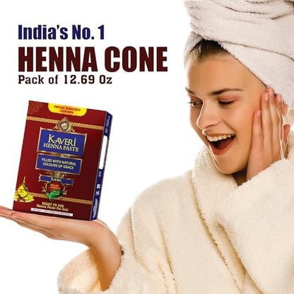 Kaveri henna cones 12 pack displaying the rich nilgiri and clove oil infusion details.