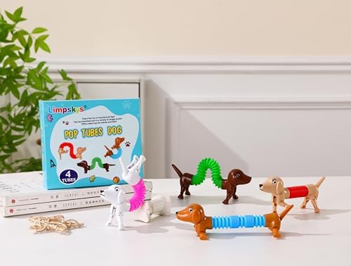 Four different colored spring dog fidget toys standing on mechanical legs.