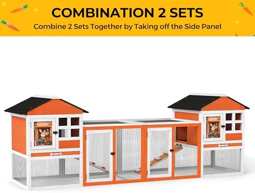 48" L Rabbit Hutch Outdoor Indoor, Expandable 2-Story Large Wooden Bunny Cage with Run, Removale Tray, Top-Opening Waterproof Roof, 2 Doors, DIY Drawing Board, Orange + Colorful Pattern - Image 5