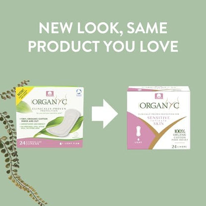 Organyc hypoallergenic ultra thin liners 24 count box showing organic certification labels.