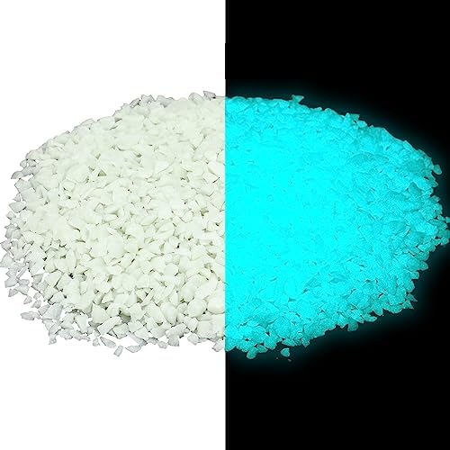 Close up of blue fluorescent aquarium gravel stones