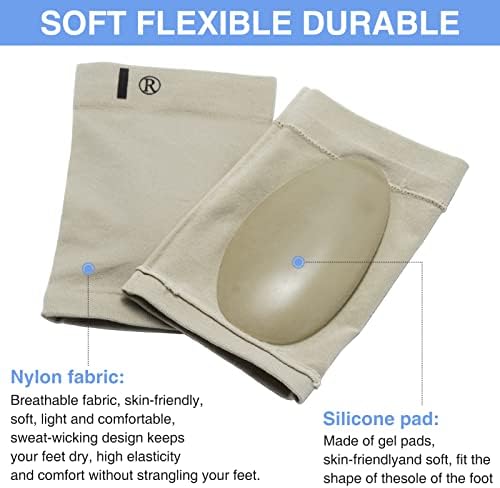 Beige metatarsal foot support sleeve worn on a foot for flat feet correction.