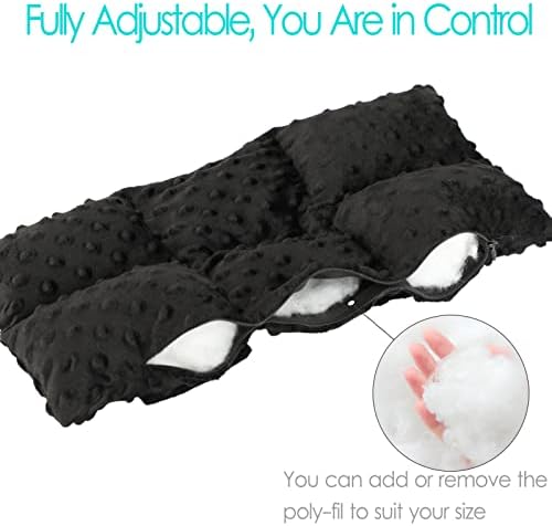 D. Cozy black minky dot car travel cushion demonstrating compact and portable size